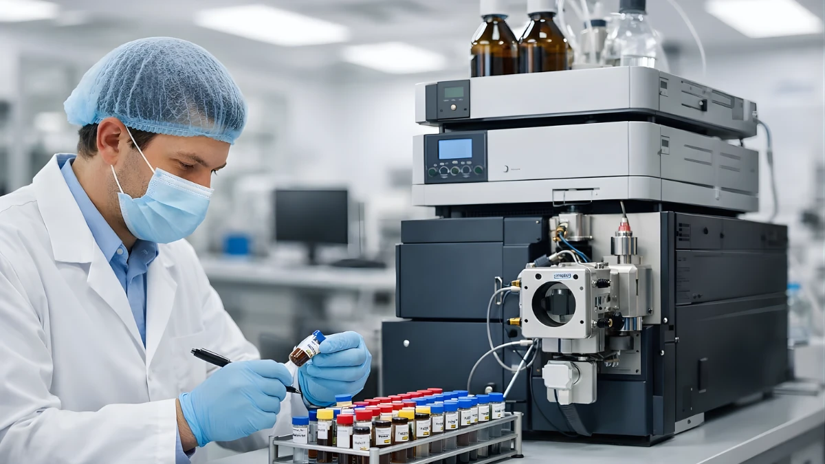 A researcher in a laboratory stands next to sample vials and a mass spectrometry instrument in a modern lab setting.