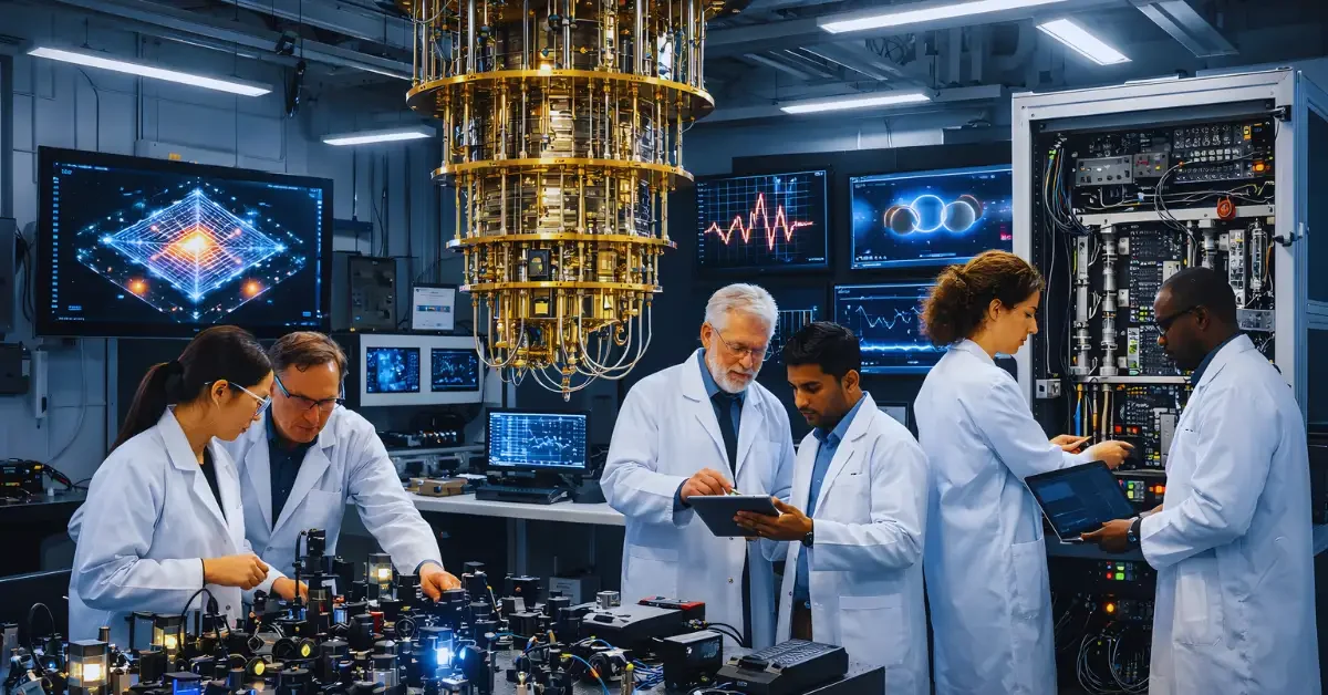 Researchers in a high-tech lab working with quantum computing hardware and photonic components under bright lab lights.