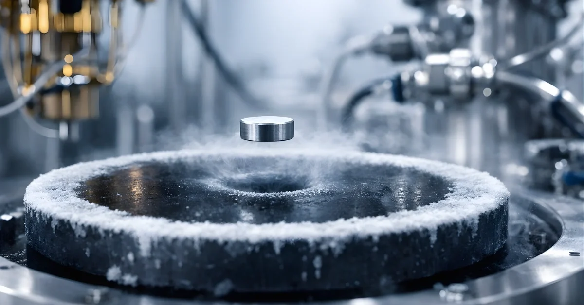 A small metallic micromagnet levitates above a superconducting surface inside a laboratory cryogenic setup.