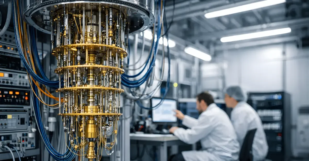 A quantum computing lab scene with a large cryogenic refrigerator system and cables, with engineers working nearby under bright lab lighting.