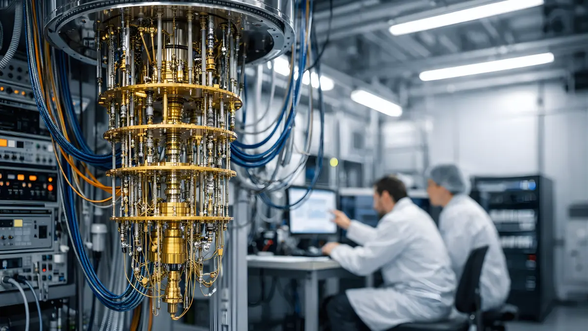 A quantum computing lab scene with a large cryogenic refrigerator system and cables, with engineers working nearby under bright lab lighting.