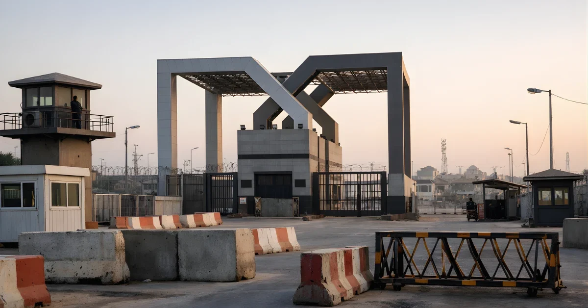 Wide, news-style image of the Rafah border crossing gate area with checkpoint structures and barriers under natural morning light.