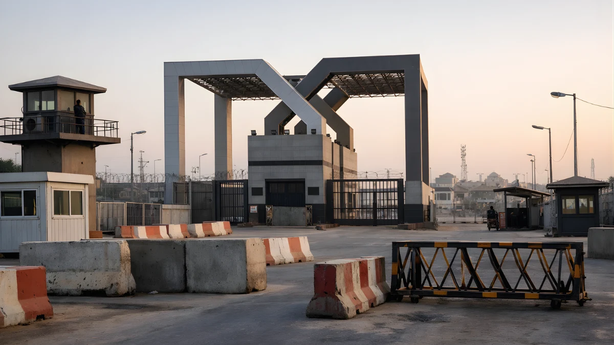 Wide, news-style image of the Rafah border crossing gate area with checkpoint structures and barriers under natural morning light.