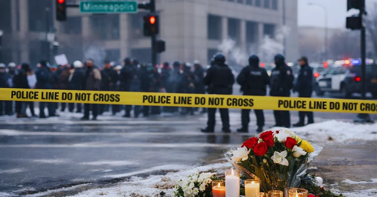 A winter Minneapolis street intersection with police tape and a small memorial of flowers and candles in the foreground, with a distant crowd and law enforcement in the background.