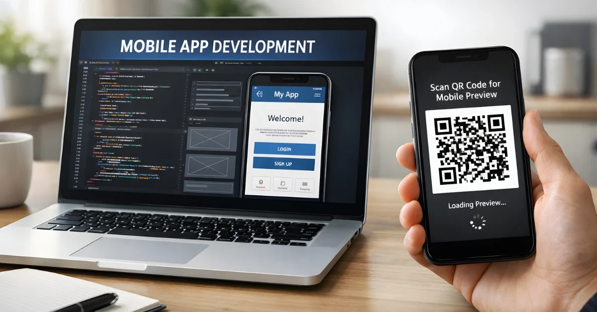 A laptop showing a mobile app development workspace beside a smartphone scanning a QR code for a preview.