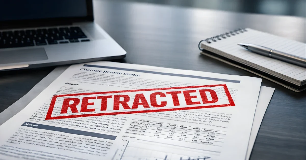 A scientific paper on a desk stamped “Retracted,” with a laptop and notes in the background.
