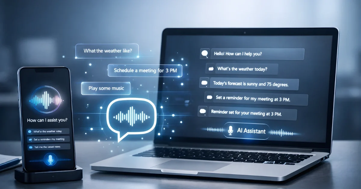 A smartphone and laptop on a desk with a glowing chatbot-style conversation interface displayed, representing an AI assistant upgrade.