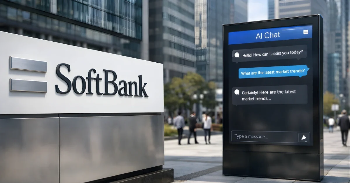 A wide, news-style photo illustration of a Tokyo office exterior with a SoftBank sign in focus and a nearby screen showing a generic AI chat interface.