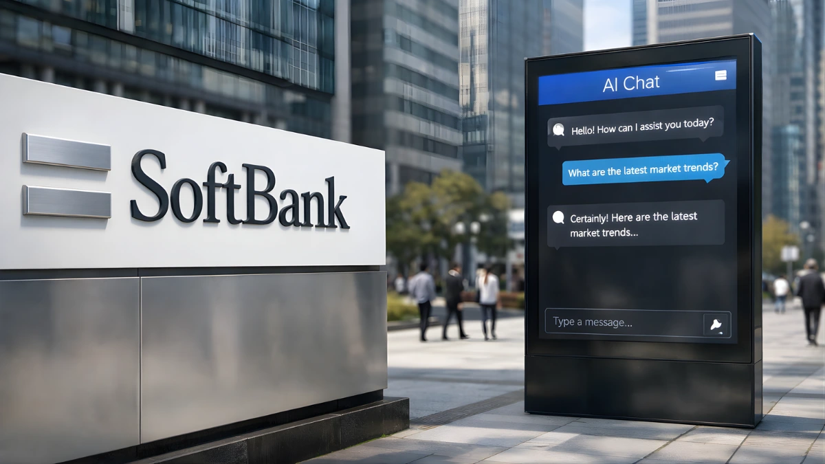A wide, news-style photo illustration of a Tokyo office exterior with a SoftBank sign in focus and a nearby screen showing a generic AI chat interface.