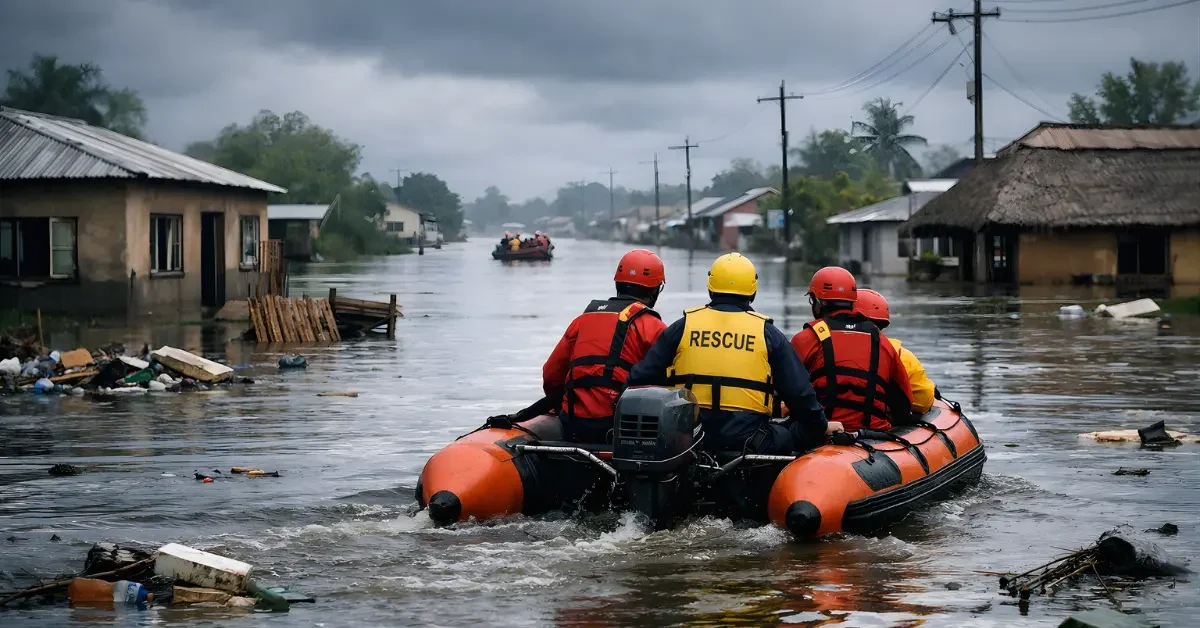 Rescue personnel in a boat travel through a flooded residential street under an overcast sky.