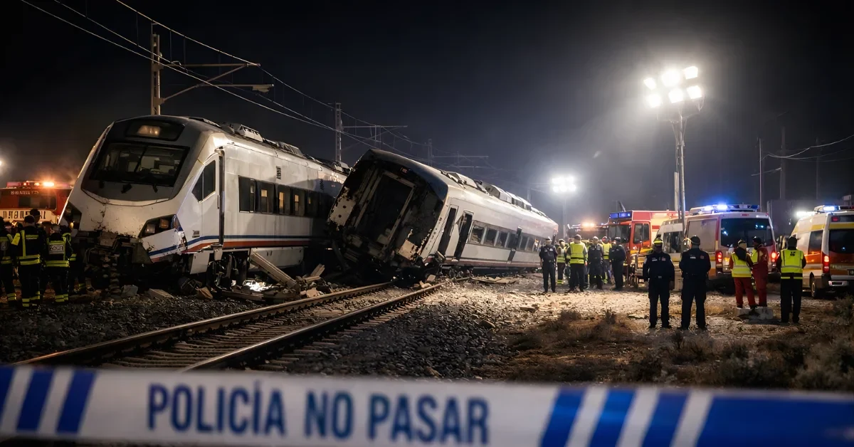 Nighttime rescue crews work under floodlights beside derailed high-speed train carriages near Adamuz, Spain.