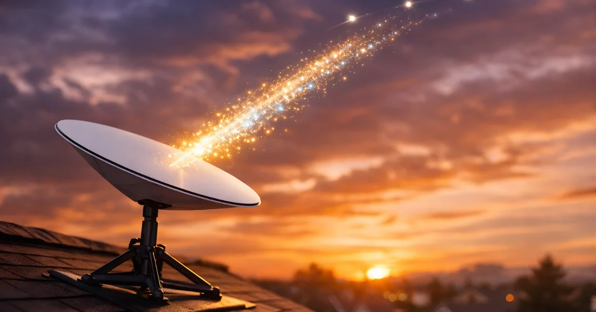 Starlink satellite dish on rooftop with digital data visualization representing customer data collection for AI training purposes