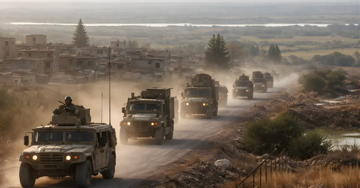 A wide news-style image of military vehicles traveling on a dusty road near a northern Syrian town under low sunlight.