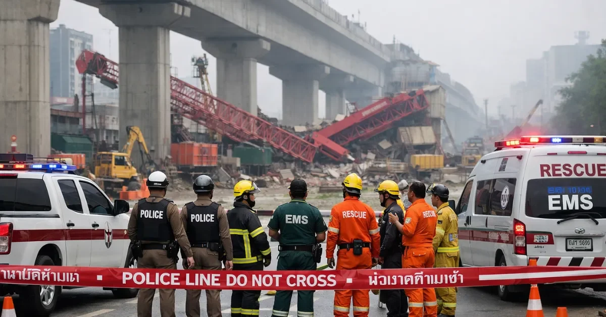 Emergency responders and vehicles at a secured roadway construction site with an elevated expressway structure after a crane collapse in Thailand.