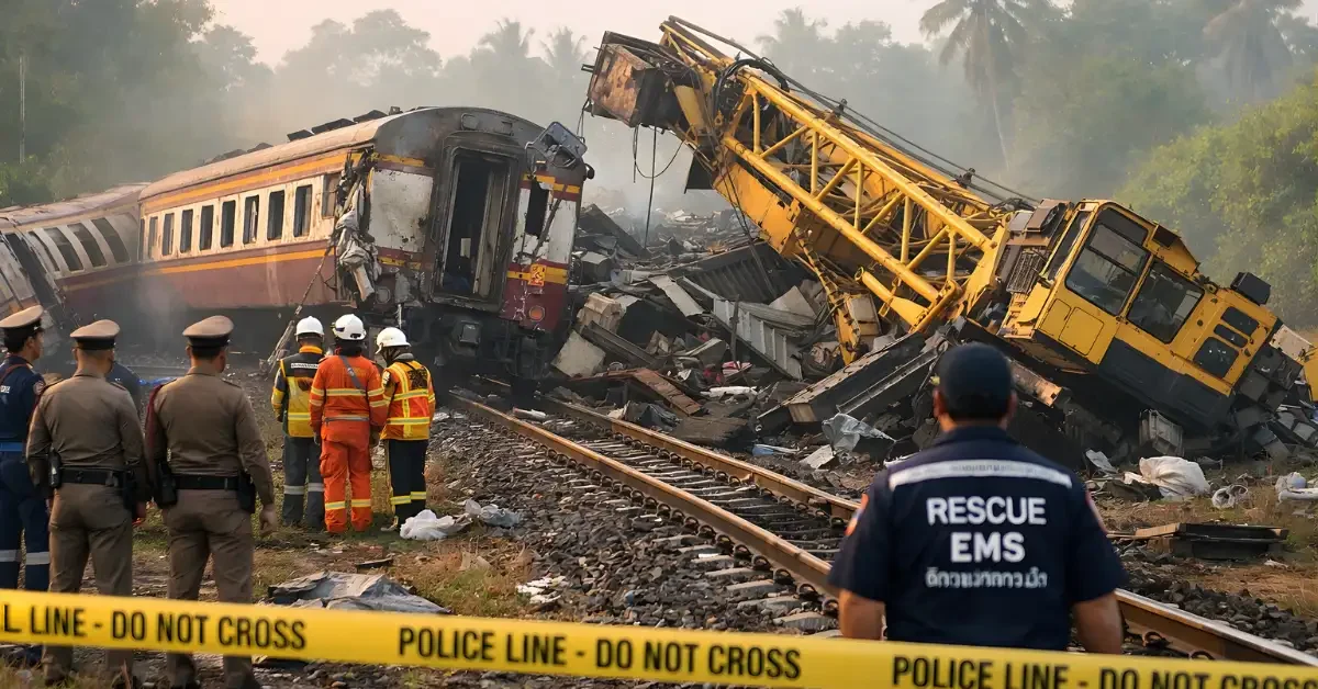 Rescue responders stand near a derailed passenger train and a fallen construction crane at a crash site in northeastern Thailand.