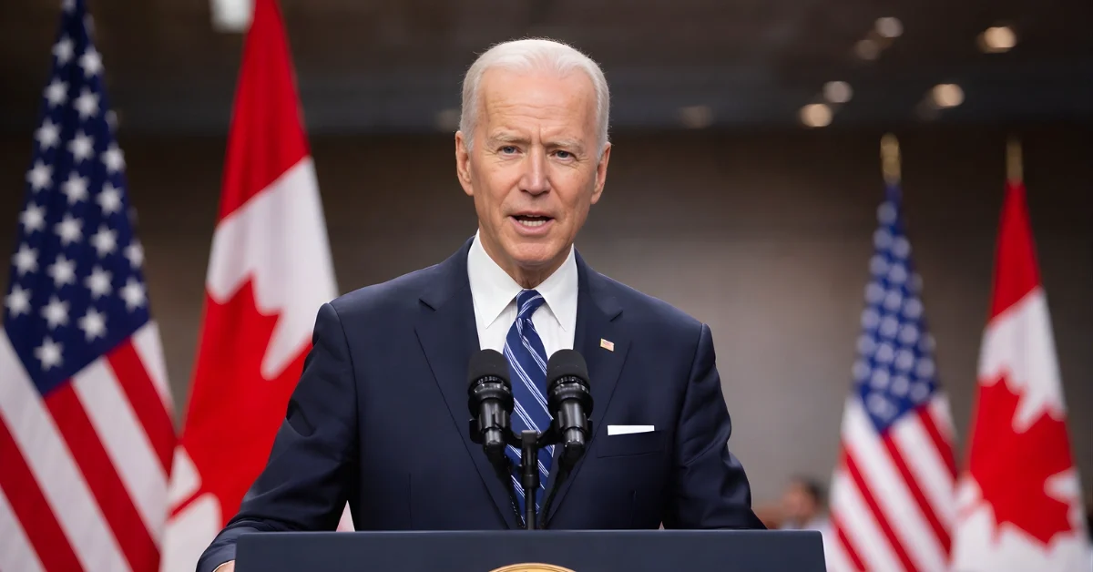 A speaker at a podium in a conference hall with U.S. and Canadian flags visible in the background.
