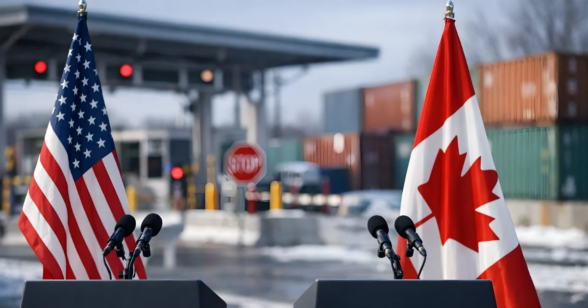 U.S. and Canadian flags near a podium with shipping containers and a border crossing checkpoint in the background.