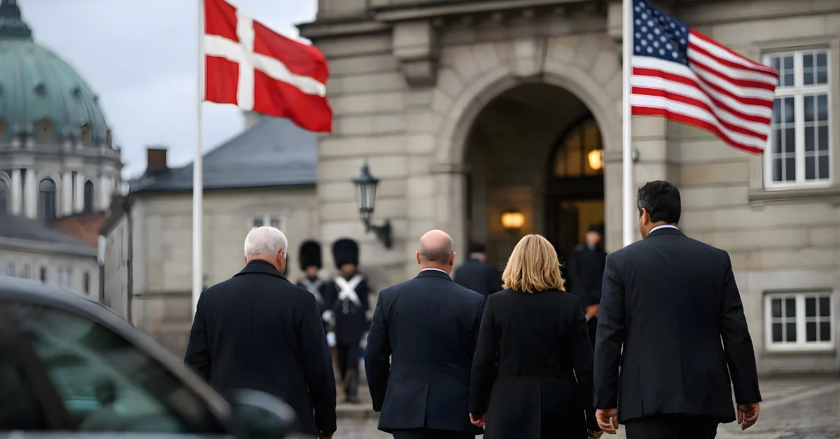 U.S. and Danish flags outside a Copenhagen government building as suited officials walk toward an entrance in winter daylight.