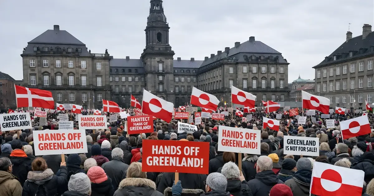 Wide news-style photo of a large winter protest crowd holding Greenland-related signs and Danish and Greenlandic flags in a city square.