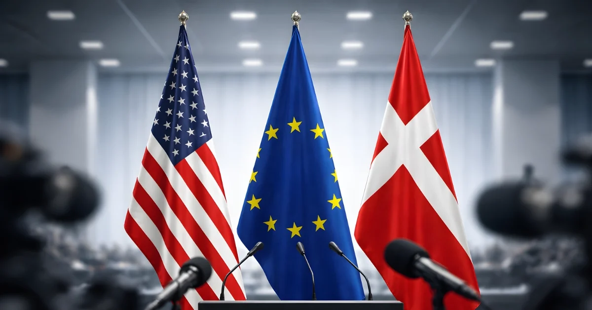U.S., EU, and Danish flags displayed near microphones in a conference setting.