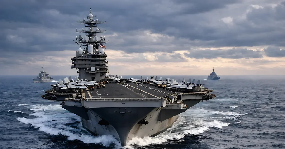 Wide shot of the USS Abraham Lincoln aircraft carrier sailing at sea under an overcast sky, with distant escort ships on the horizon.