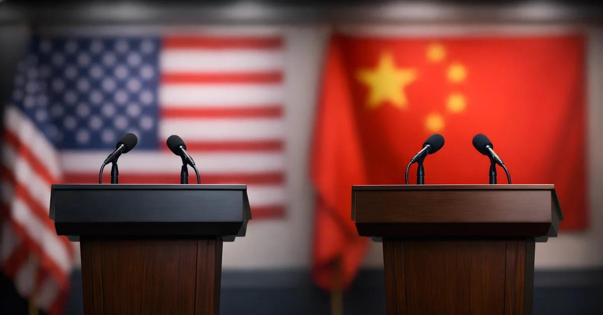 Two empty press briefing podiums with blurred US and China flag backdrops in a modern press room.