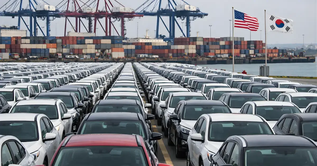 Rows of new cars lined up at a shipping port with cranes, containers, and small US and South Korean flags visible in the background.