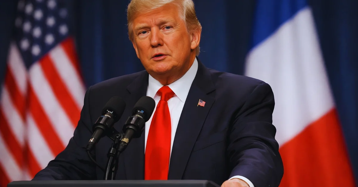 Donald Trump speaking at a podium indoors, with blurred US and French flags in the background.