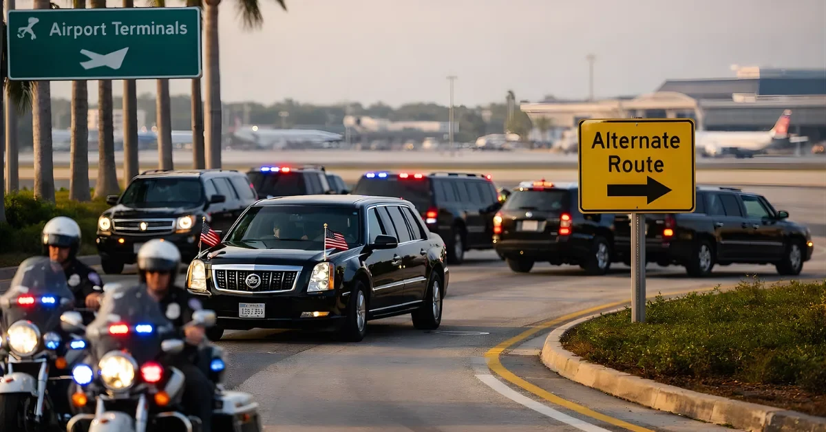 A presidential motorcade of black SUVs escorted by police motorcycles on a palm-lined road near an airport in Palm Beach, Florida.
