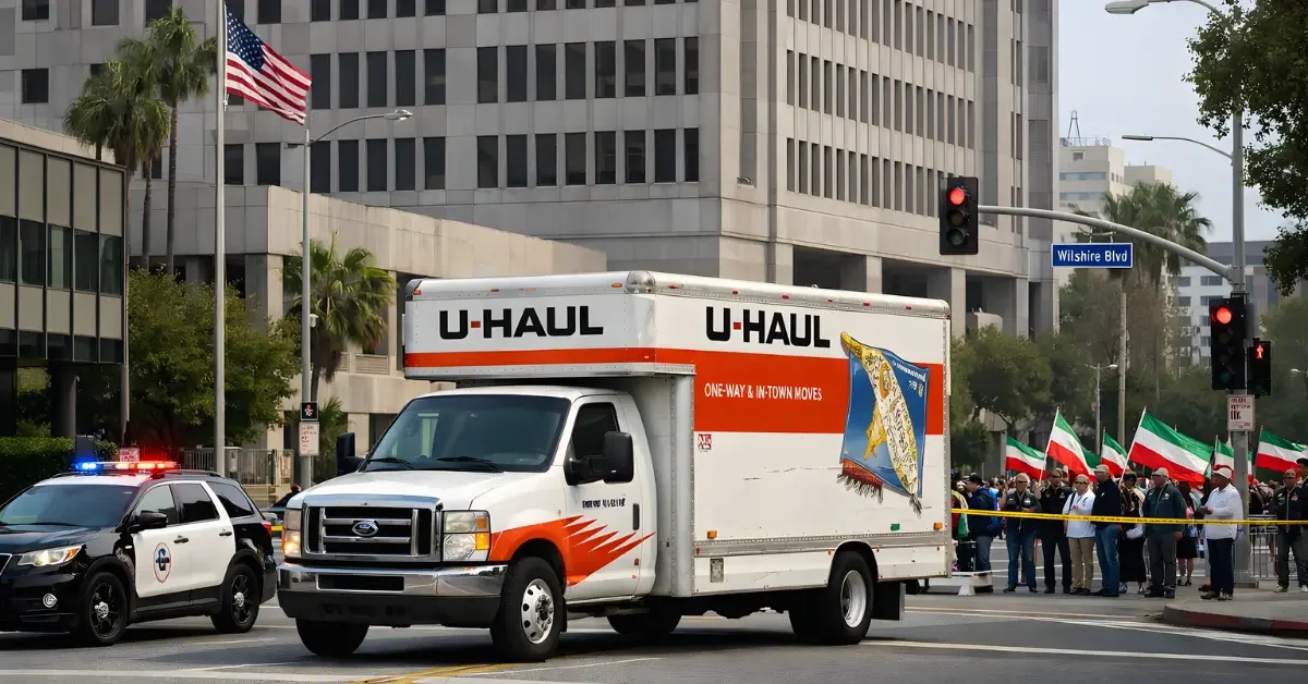 A U-Haul box truck stopped near police vehicles as protesters with Iranian flags stand nearby on a Westwood street in Los Angeles during daylight.