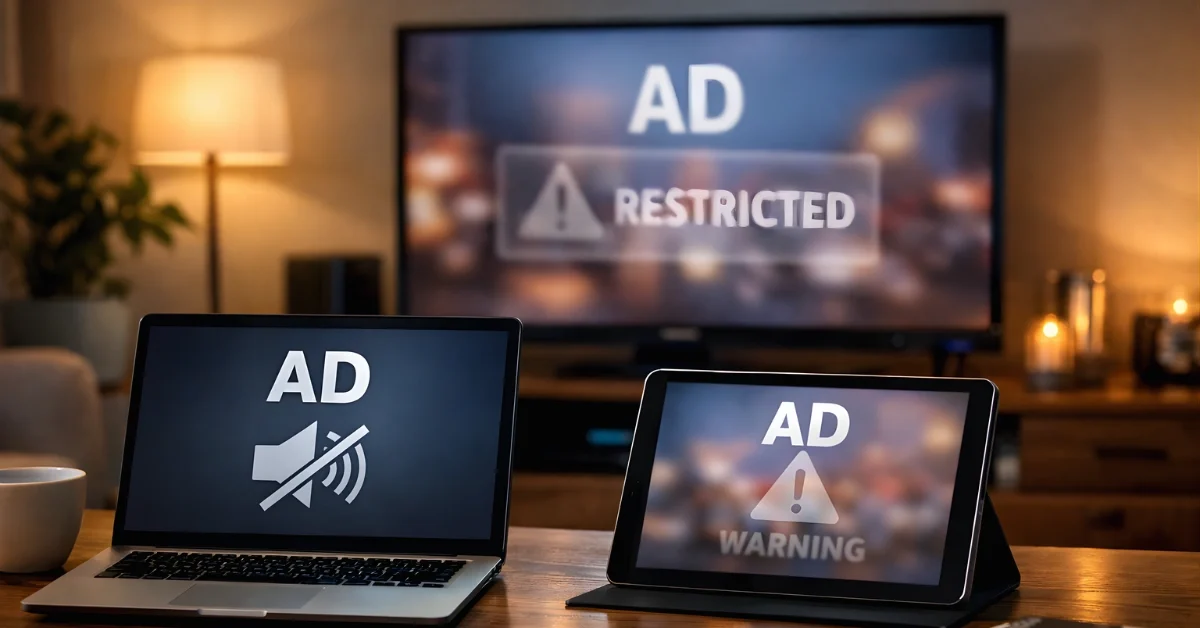 A living room scene with a television and a laptop in view, representing restrictions on junk food advertising on TV and online.
