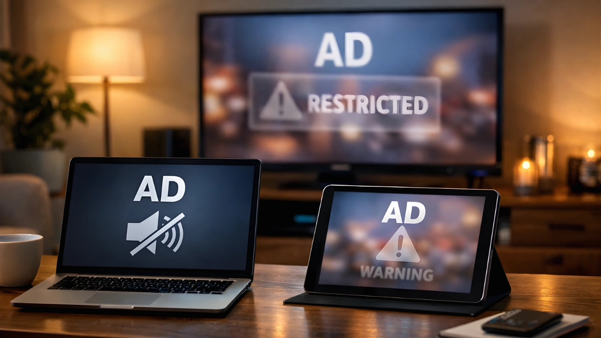 A living room scene with a television and a laptop in view, representing restrictions on junk food advertising on TV and online.