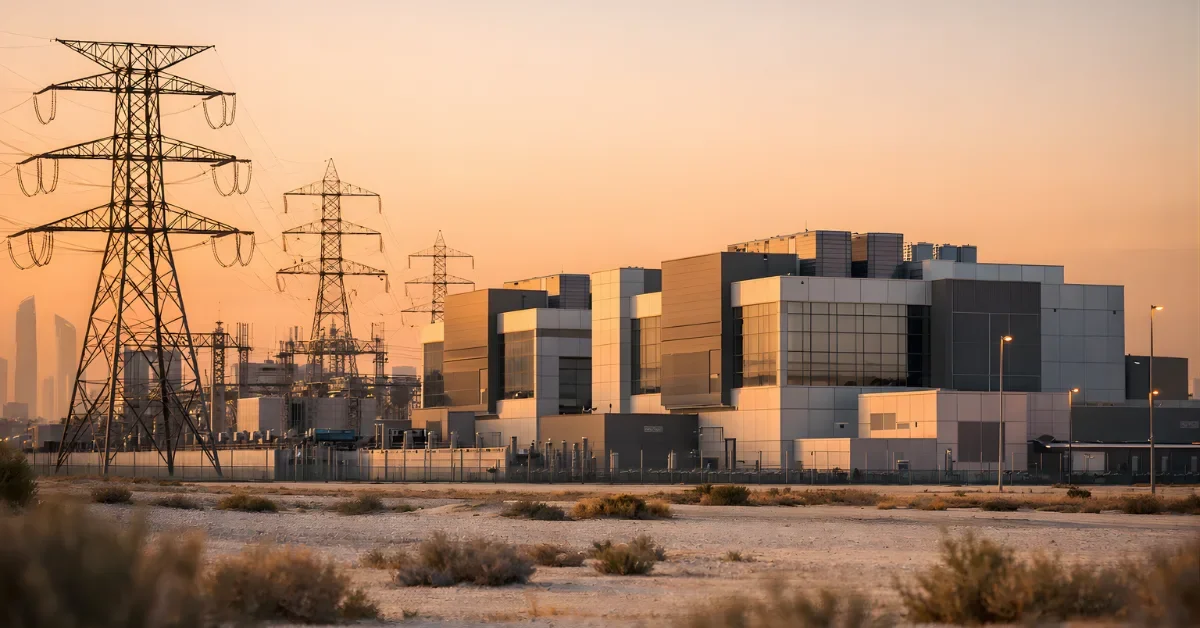 Wide news-style photo of a large modern data center campus in Abu Dhabi under warm evening light.