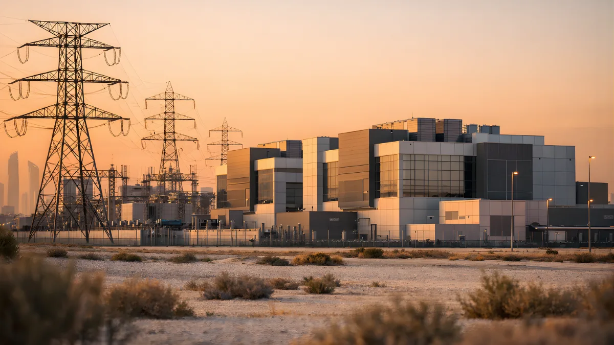 Wide news-style photo of a large modern data center campus in Abu Dhabi under warm evening light.
