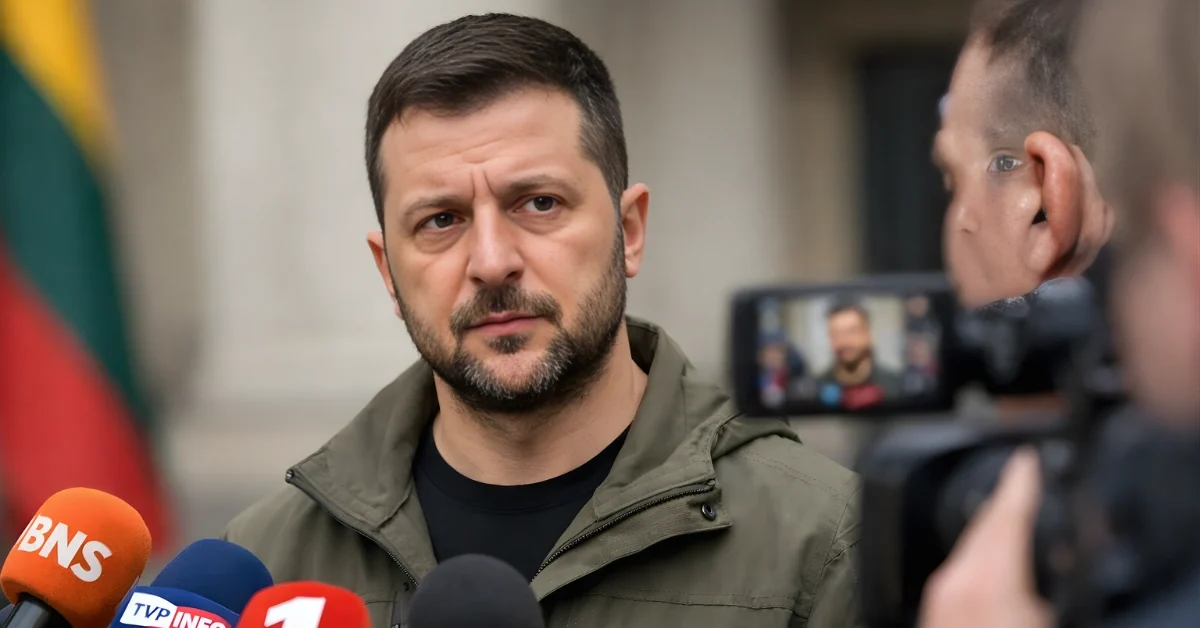 Ukrainian President Volodymyr Zelenskyy speaks to journalists in Vilnius, Lithuania.