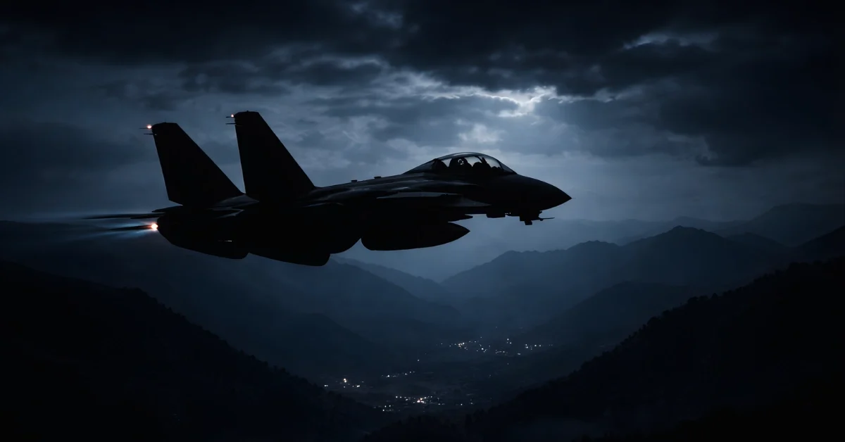 A wide nighttime scene showing the silhouette of a military aircraft flying over a dark landscape under dramatic low light.