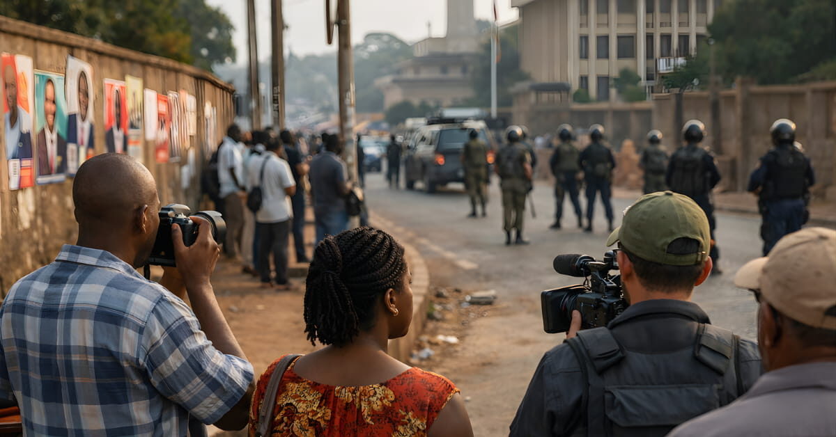 Wide street scene in Kampala showing civilians and journalists watching as security personnel stand in the background during an election-period atmosphere.