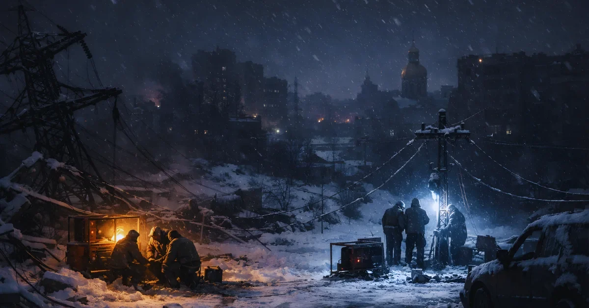 Ukrainian city blackout at night with emergency generators and workers amid winter snow following Russian strikes.
