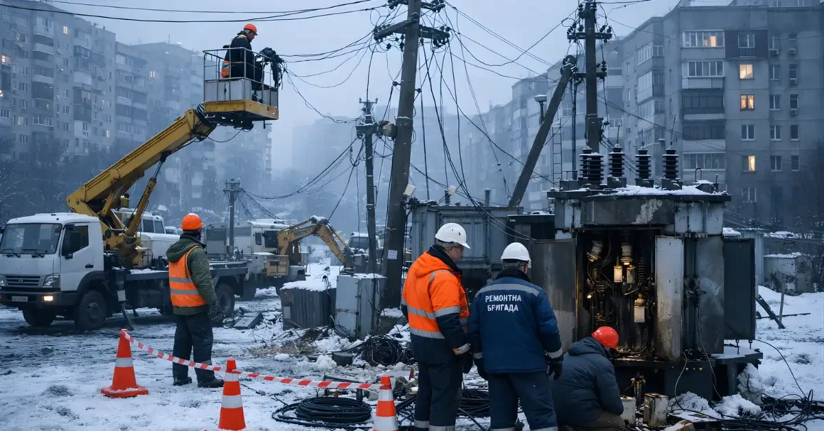 Utility workers repair power infrastructure in snowy Kyiv with darkened apartment buildings in the background.