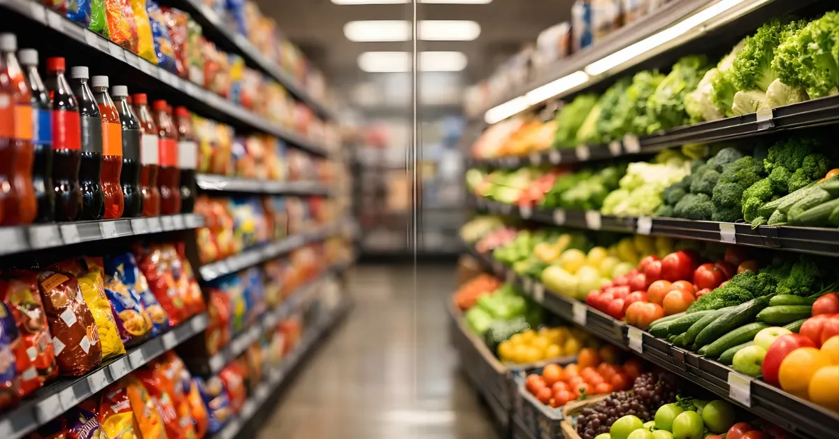 A supermarket aisle showing packaged snack foods on one side and fresh fruits and vegetables on the other.