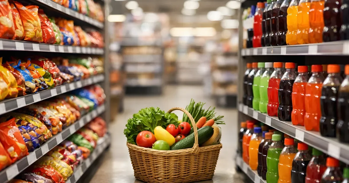 A supermarket aisle with packaged snack foods and soft drinks in the foreground and a basket of fresh produce further down the aisle
