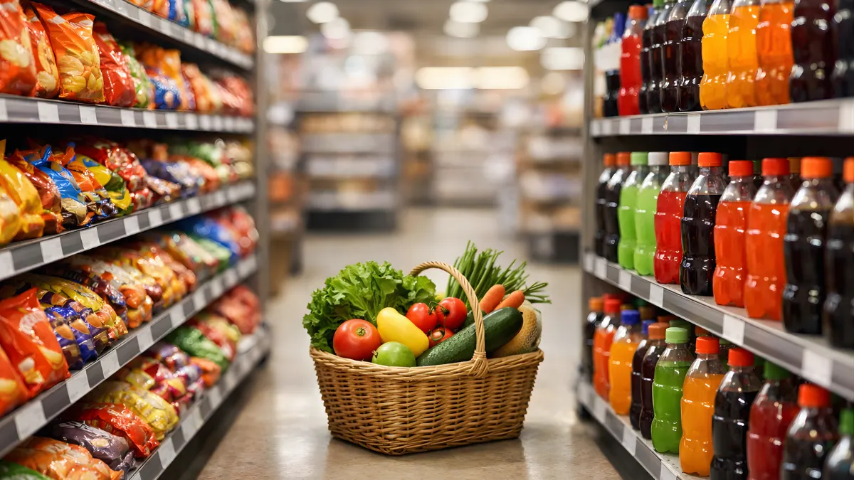 A supermarket aisle with packaged snack foods and soft drinks in the foreground and a basket of fresh produce further down the aisle