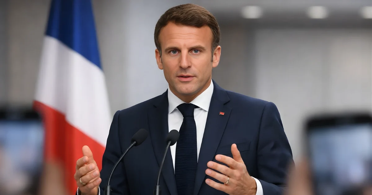 A news-style image of French President Emmanuel Macron speaking at a podium with a French flag behind him and blurred smartphones in the foreground.
