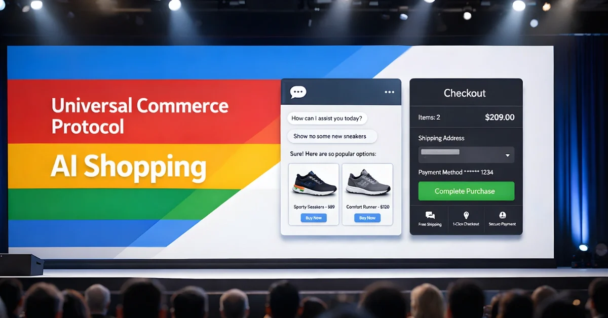 Wide shot of a retail technology conference stage displaying “Universal Commerce Protocol” and AI shopping screens in a modern auditorium.