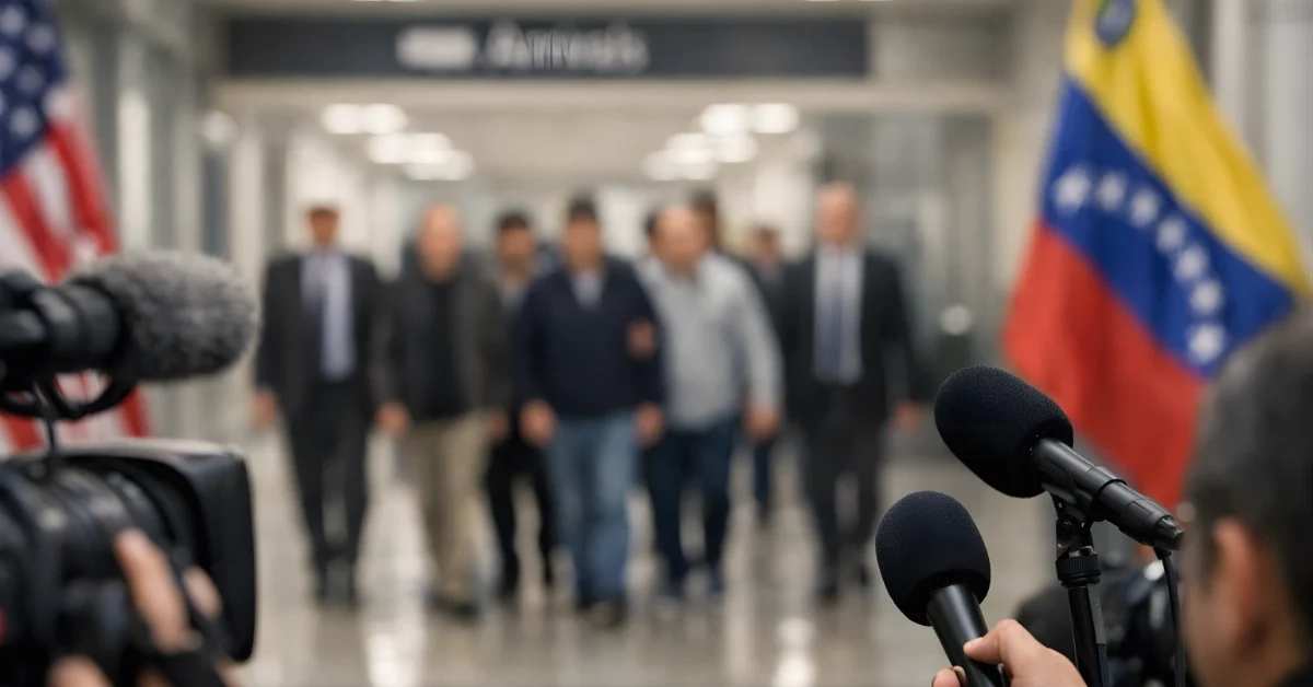 A news-style airport corridor scene with blurred U.S. and Venezuelan flags in the background and journalists filming as a group walks with officials.
