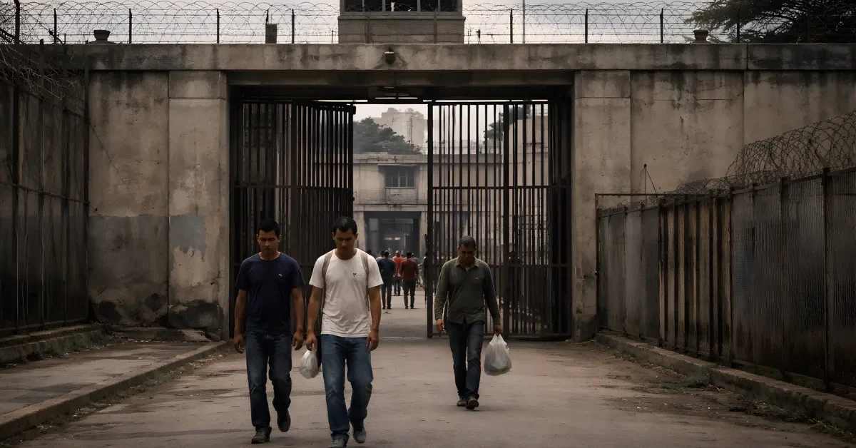 A wide view of an open prison gate in Venezuela with a few people walking out in daylight.