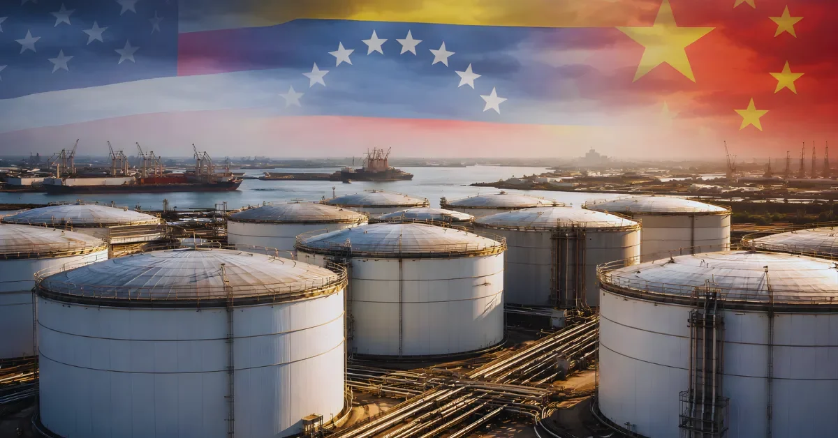 Wide shot of crude oil storage tanks at an industrial port with US, Venezuelan, and Chinese flags visible in the background.