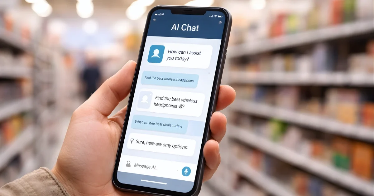 A shopper holds a smartphone displaying an AI chat screen inside a retail store aisle, with shelves blurred in the background.