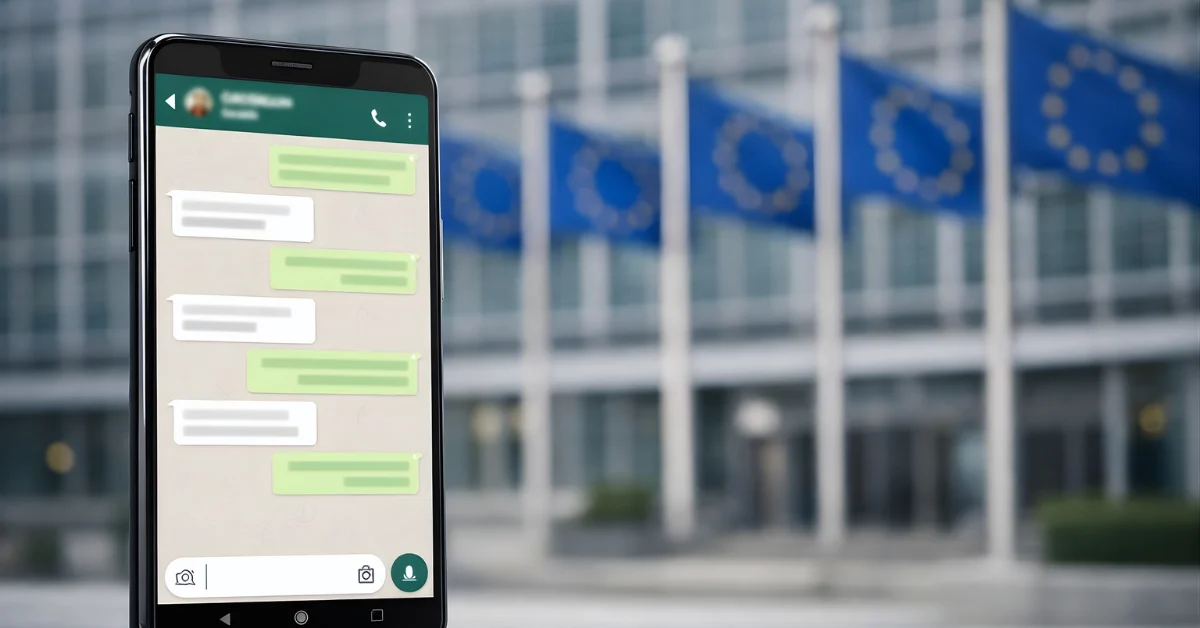 A smartphone showing a chat app interface in front of an out-of-focus government-style building, representing regulatory scrutiny of WhatsApp AI policies.