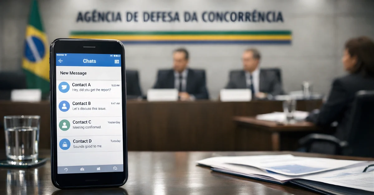 A smartphone showing a messaging app interface in front of a modern office setting with subtle Brazil-themed colors, illustrating a business and regulatory news context.